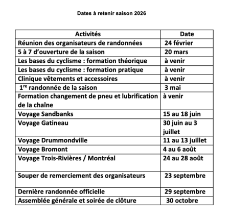 Dates a retenir 2026